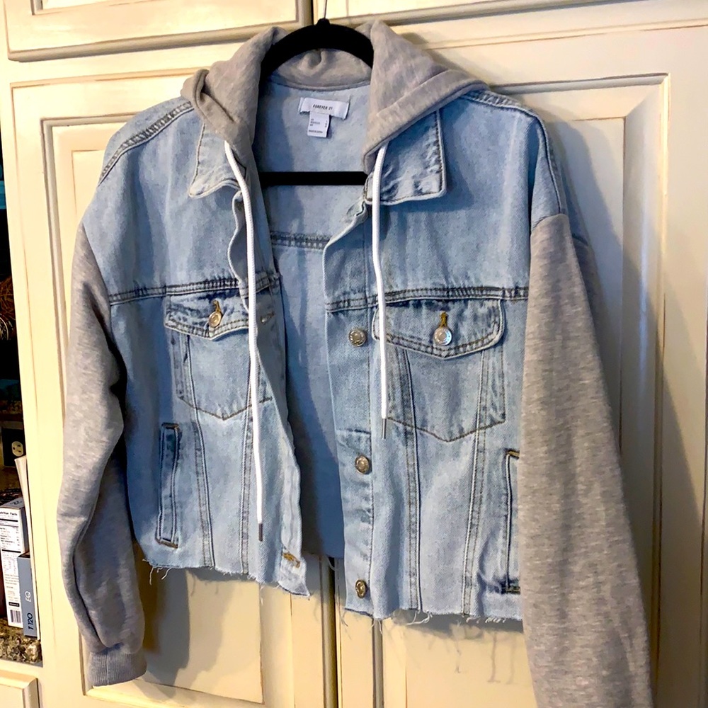 Denim hoodie jacket, gray sleeves & hood attached